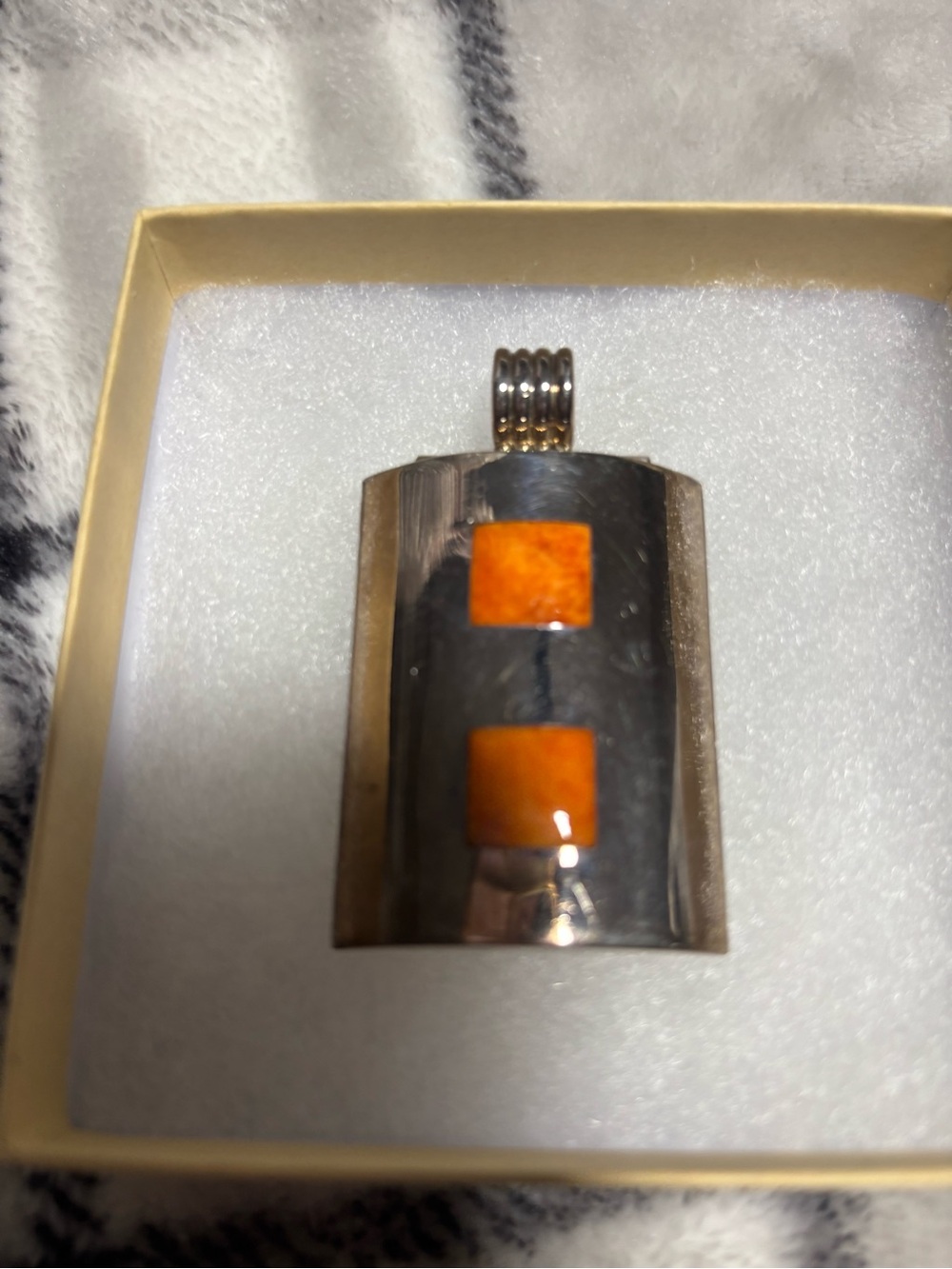 Silver-tone Pendant with Orange Inlay